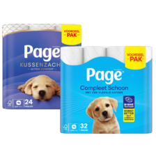 Page compleet schoon toiletpapier
pak à 32 rollen
of kussenzacht pak à 24 rollen